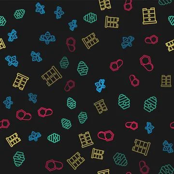 Set line Bee, Hive for bees, and Honeycomb on seamless pattern. Vector Stock Illustration