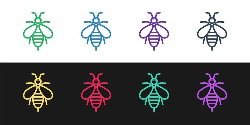 Set line Bee icon isolated on black and white background. Sweet natural food Stock-Illustration