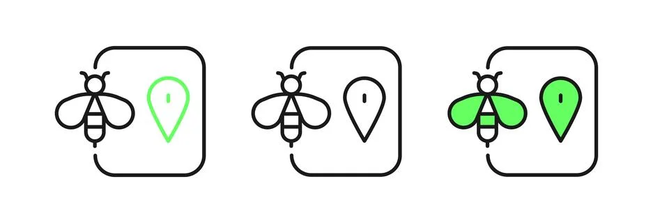 Set line Bee location map pin pointer icon isolated on white background. Fa.. Stock Illustration