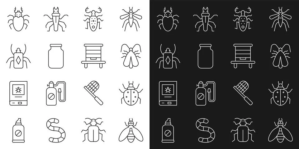 Set line Bee, Mite, Clothes moth, Beetle deer, Glass jar, bug, and Hive for bees Stock Illustration