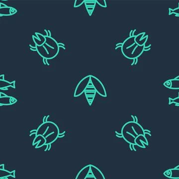 Set line Bee, Parasite mite and Fish on seamless pattern. Vector Stock Illustration