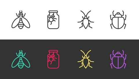 Set line Bee, Spider in jar, Cockroach and Mite on black and white. Vector Illustrazione stock