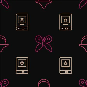 Set line Beekeeper hat, Book about insect and Butterfly on seamless pattern Stock Illustration