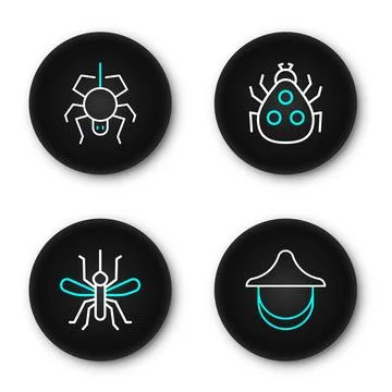 Set line Beekeeper hat, Mosquito, Ladybug and Spider icon. Vector Stock Illustration