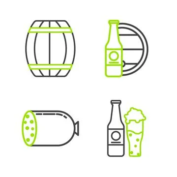 Set line Beer bottle and glass, Salami sausage, wooden barrel and Wooden icon Stock Illustration
