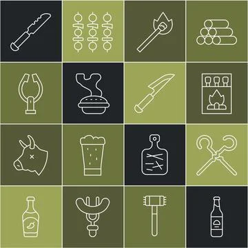 Set line Beer bottle, BBQ skewers, Matchbox and matches, Burning with fire,.. Illustrazione stock