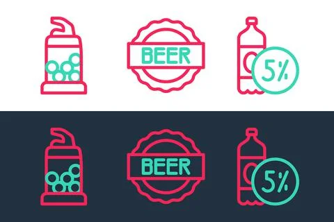 Set line Beer bottle, Bottle opener and cap with beer icon. Vector Stockillustratie
