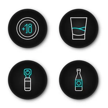 Set line Beer bottle, Bottle opener, Glass of vodka and Alcohol 18 plus ico.. Stock Illustration