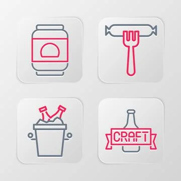 Set line Beer bottle, bottles in ice bucket, Sausage on the fork and can ic.. Stock Illustration