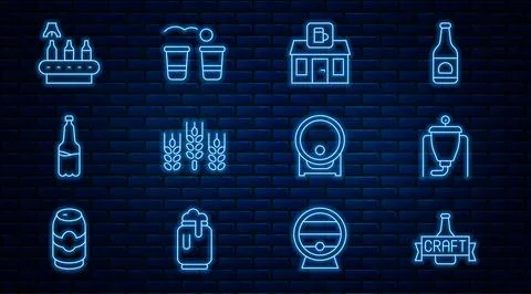 Set line Beer bottle, brewing process, Store building of beer shop, Wheat Ilustración de archivo