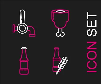 Set line Beer bottle, Chicken leg and tap icon. Vector Stock Illustration