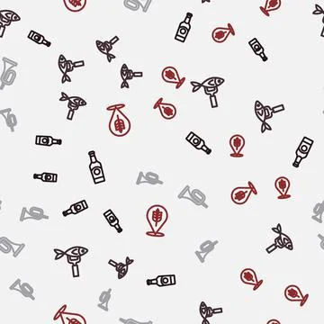Set line Beer bottle, Dried fish, Trumpet and Wheat on seamless pattern. Vect Illustrazione stock