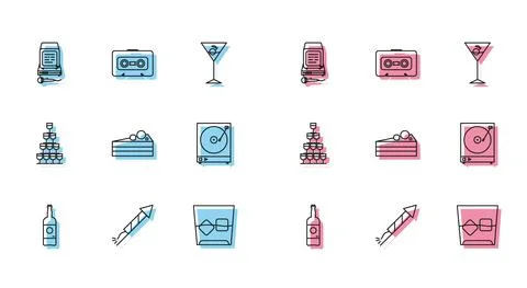 Set line Beer bottle, Firework rocket, Karaoke, Glass of whiskey and ice cubes Stock Illustration