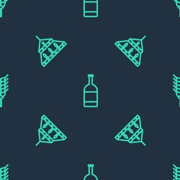 Set line Beer bottle, Massive steel chandelier and Wheat on seamless pattern Stockillustratie