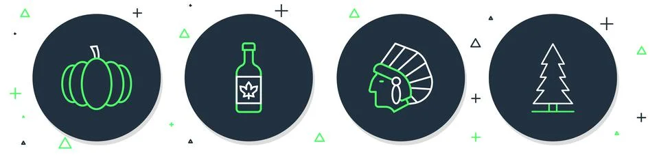Set line Beer bottle, Native American Indian, Pumpkin and Canadian spruce icon Stock Illustration