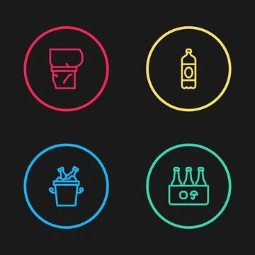 Set line Beer bottles in ice bucket, Pack of beer, Plastic and belly icon Stock-Illustration