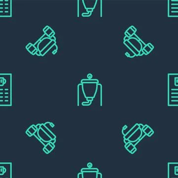 Set line Beer brewing process, helmet and menu on seamless pattern. Vector Illustrazione stock