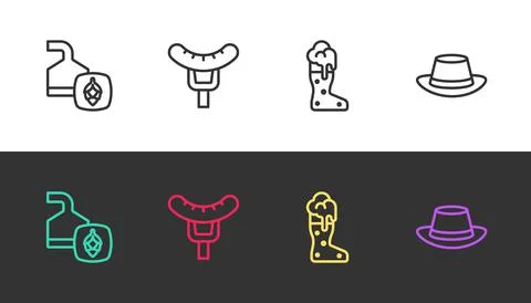 Set line Beer brewing process, Sausage on the fork, Boot beer glass and Stock Illustration