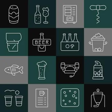 Set line Beer brewing process, Bottle opener, Ice bucket, Vending machine Illustrazione stock