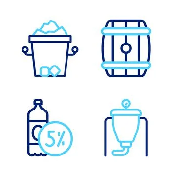 Set line Beer brewing process, bottle, Wooden barrel and Ice bucket icon. V.. Stock-Illustration