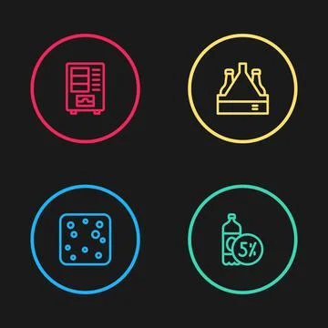 Set line Beer bubbles, bottle, Pack of beer bottles and Vending machine icon Stock Illustration