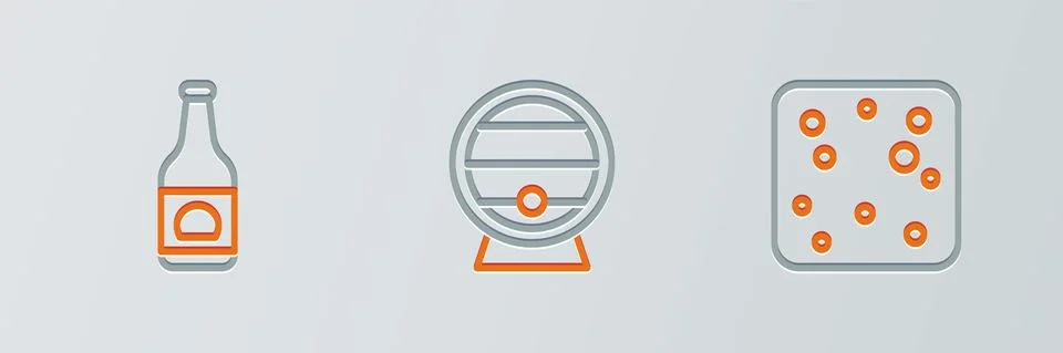 Set line Beer bubbles, bottle and Wooden barrel on rack icon. Vector Stock Illustration