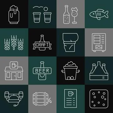 Set line Beer bubbles, Pack of beer bottles, Vending machine, and glass, Wheat Stock Illustration