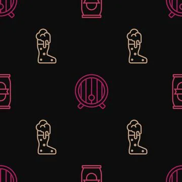 Set line Beer can, Boot beer glass and Wooden barrel on seamless pattern. Vector Stock Illustration