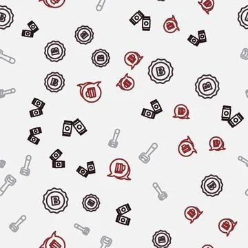Set line Beer can, Bottle cap, opener and Wooden beer mug on seamless pattern Stock Illustration