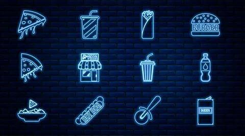 Set line Beer can, Bottle of water, Burrito, Pizzeria building facade, Slice Illustrazione stock