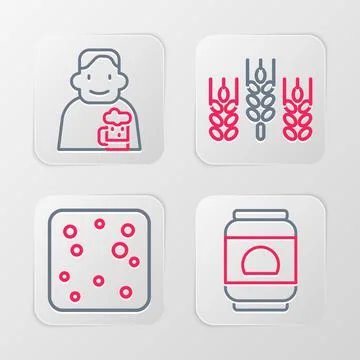 Set line Beer can, bubbles, Wheat and Happy man with beer icon. Vector Stock Illustration