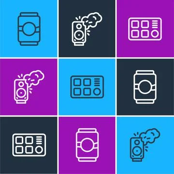 Set line Beer can, Drum machine and Stereo speaker icon. Vector Illustrazione stock