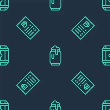 Set line Beer can with foam, menu and Wooden barrel on seamless pattern. Vector Illustrazione stock