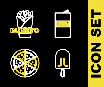 Set line Beer can, Ice cream, Pizza and Burrito icon. Vector Stock Illustration