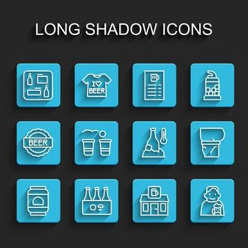 Set line Beer can, Pack of beer bottles, menu, Store building shop, Happy man Ilustración de archivo