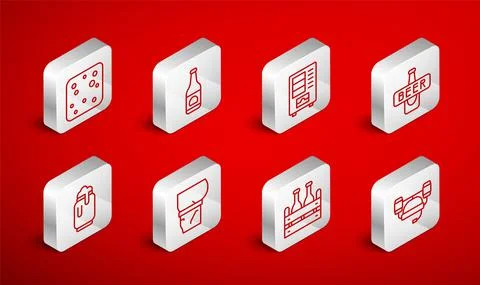 Set line Beer helmet, bottle, Vending machine, Pack of beer bottles, bubbles Stock Illustration