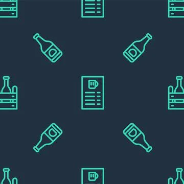 Set line Beer menu, bottle and Pack of beer bottles on seamless pattern. Vector Stock Illustration