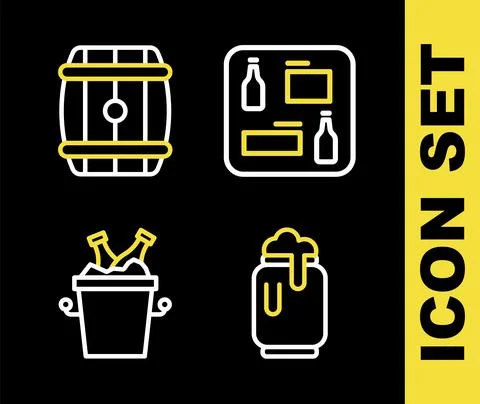 Set line Beer menu, can with foam, bottles in ice bucket and Wooden barrel icon Stock-Illustration