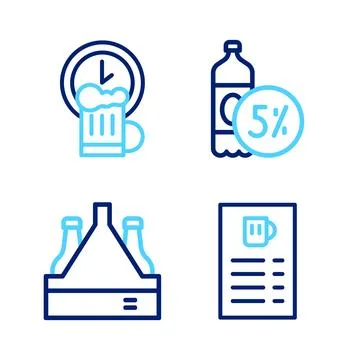 Set line Beer menu, Pack of beer bottles,  and Happy hour icon. Vector Stock Illustration