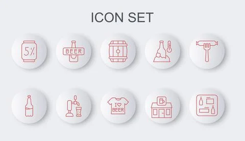 Set line Beer menu, Plastic beer bottle, Wooden barrel, Store building of shop Ilustración de archivo