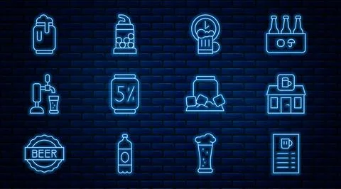 Set line Beer menu, Store building of beer shop, Happy hour, can, tap with glass Ilustración de archivo