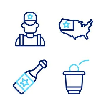 Set line Beer pong game, Champagne bottle, USA map and Sheriff cowboy icon... Stock Illustration