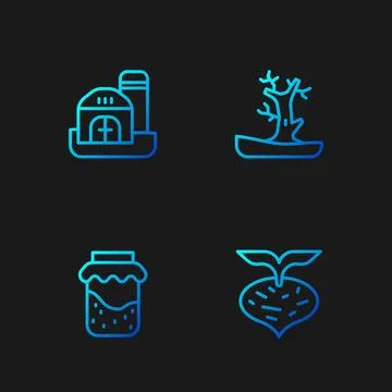 Set line Beet, Jam jar, Farm house and Bare tree. Gradient color icons. Vecto Stock Illustration