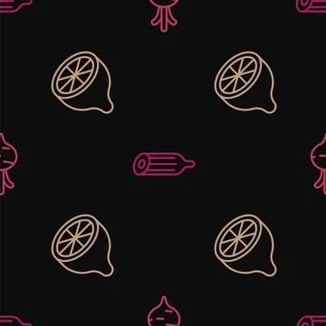 Set line Beet, Lemon and Fresh cucumber on seamless pattern. Vector Illustrazione stock