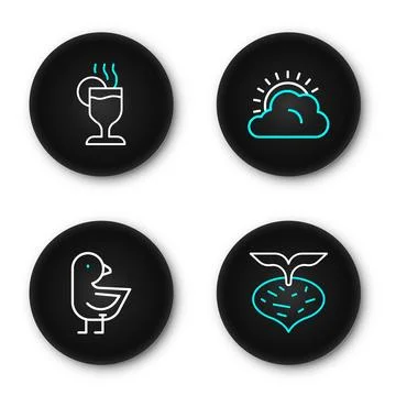Set line Beet, Little chick, Sun and cloud weather and Mulled wine icon. Vect Stock Illustration