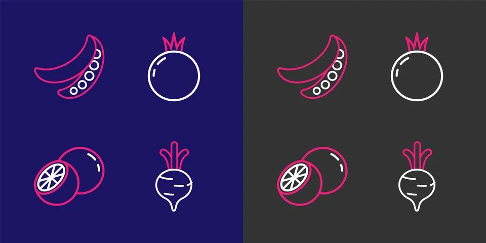 Set line Beet, Orange fruit, Tomato and Green peas icon. Vector Stock Illustration