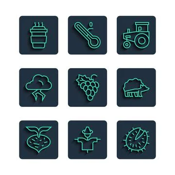 Set line Beet, Scarecrow, Chestnut, Tractor, Grape fruit, Storm, Coffee cup go Stock Illustration