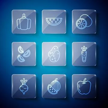 Set line Beet, Watermelon, Apple, Kiwi fruit, Potato, Tomato, Bell pepper a.. Stock Illustration
