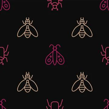 Set line Beetle bug, and Butterfly on seamless pattern. Vector 스톡 일러스트