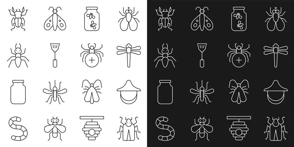 Set line Beetle bug, Beekeeper hat, Dragonfly, Fireflies bugs in jar, Fly Ilustración de archivo